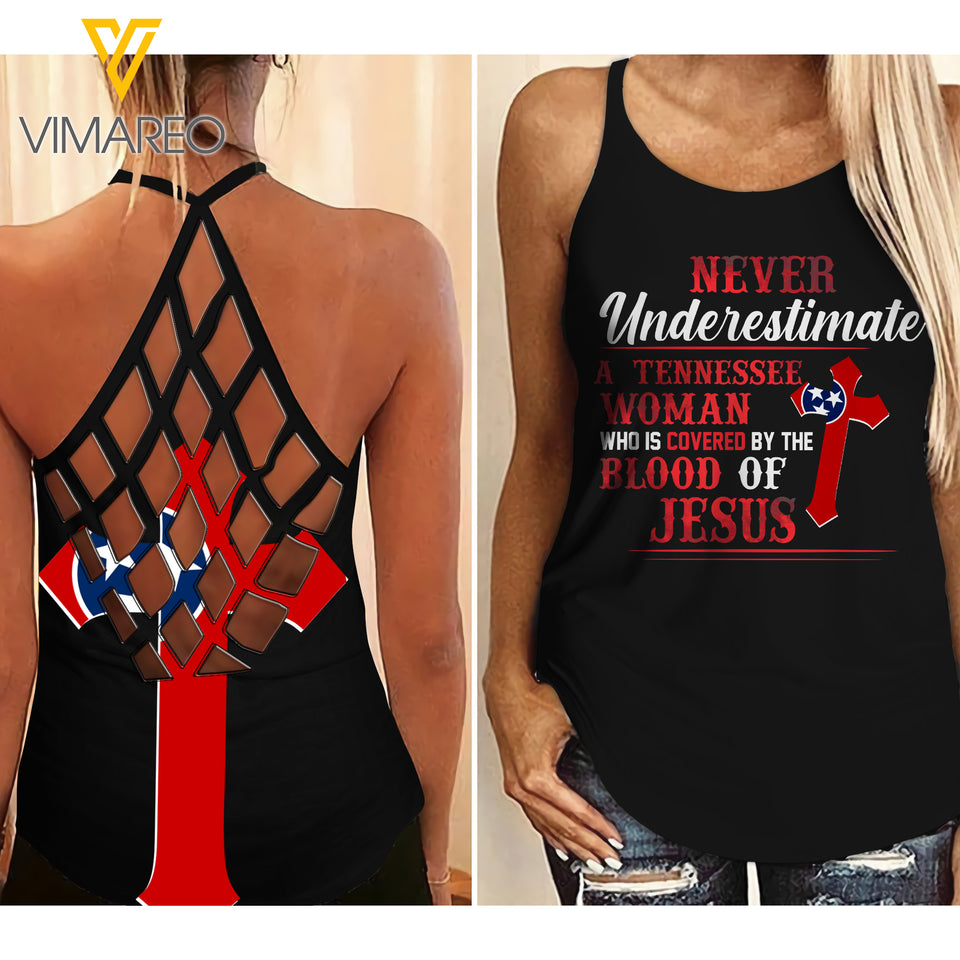 Tennessee GOD Criss-Cross Open Back Camisole Tank Top 1205NGBMQ
