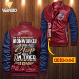 Personalized Ironworker Leather Bomber Jacket SEP-MA28