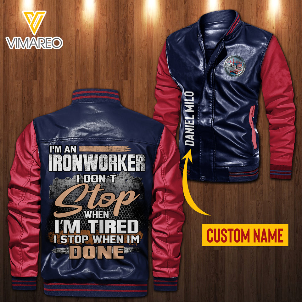 Personalized Ironworker Leather Bomber Jacket SEP-MA28
