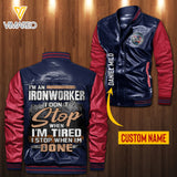 Personalized Ironworker Leather Bomber Jacket SEP-MA28