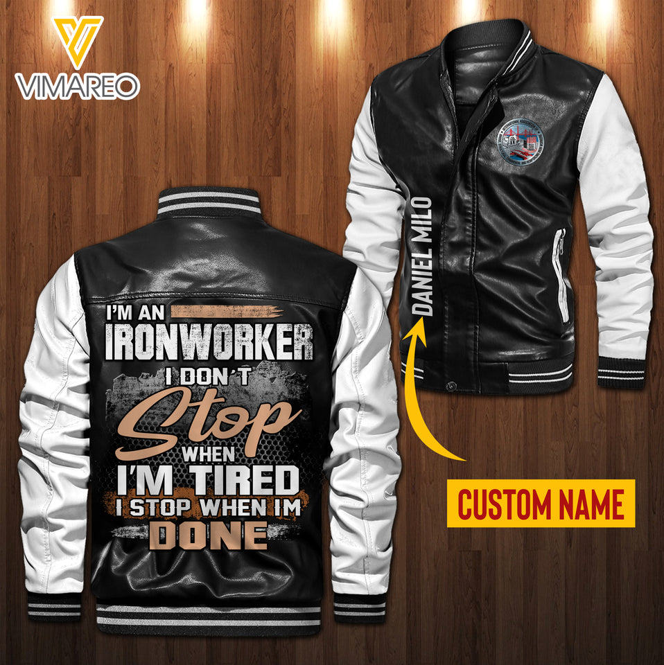 Personalized Ironworker Leather Bomber Jacket SEP-MA28