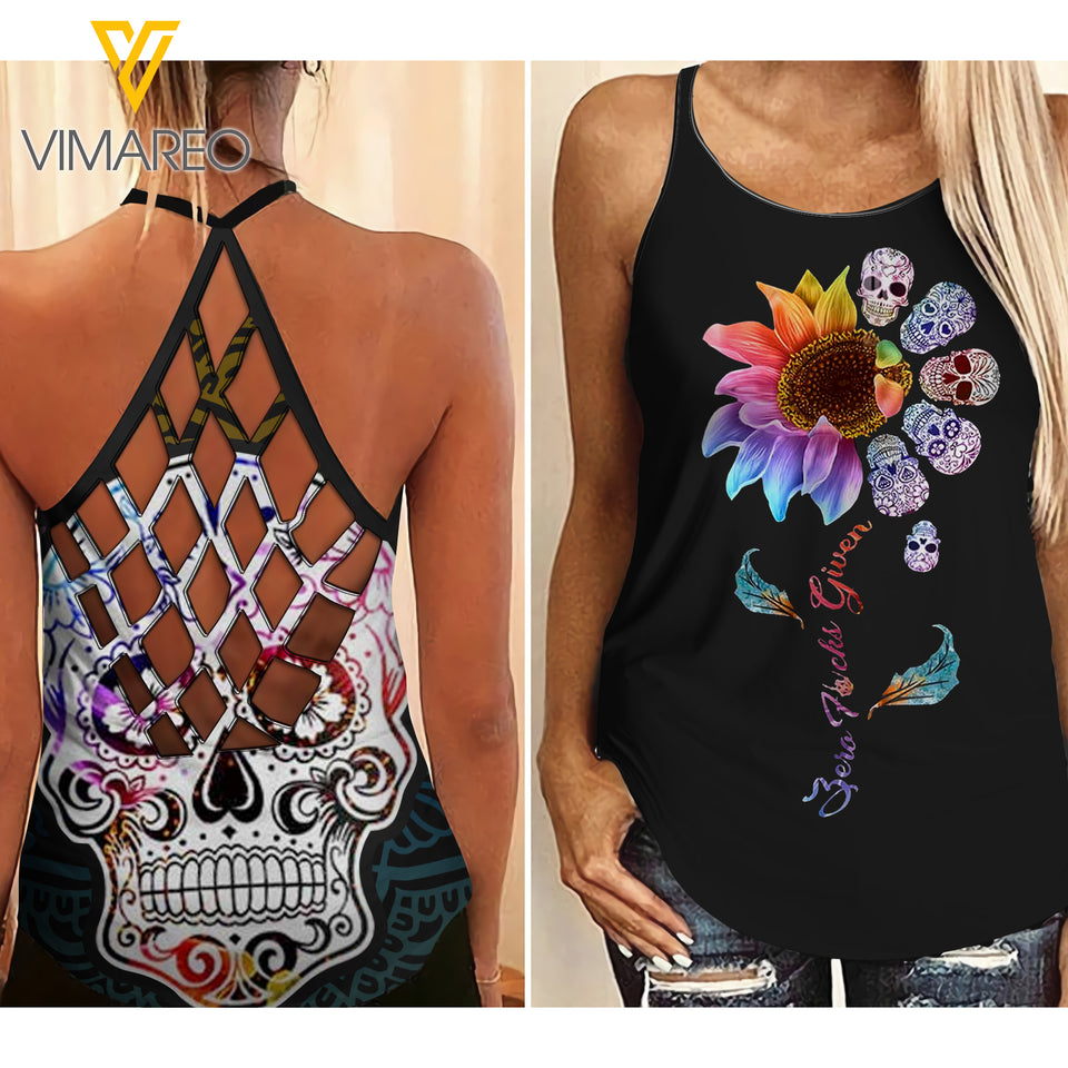 PHN Skull Mandala Criss-Cross Open Back Camisole Tank Top APR-DT15