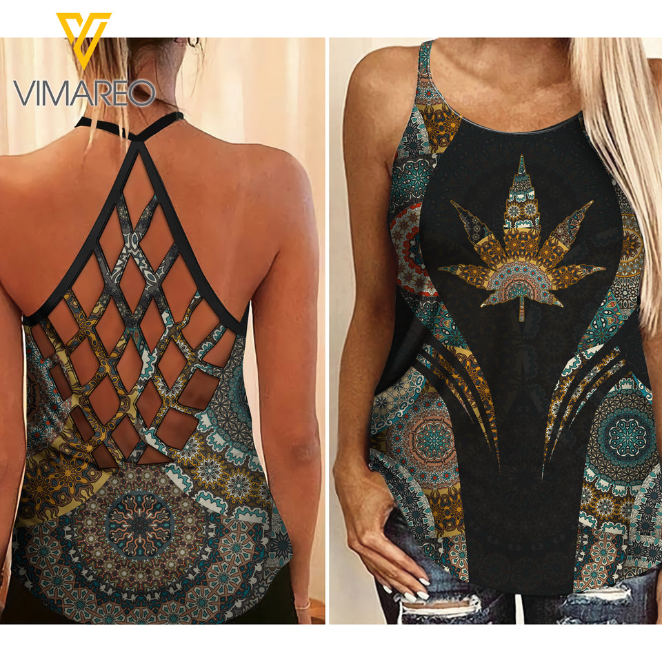 PHN Weed Mandala Criss-Cross Open Back Camisole Tank Top APR-DT15