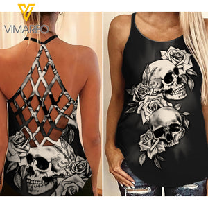 PHN Skull Girl Criss-Cross Open Back Camisole Tank Top Legging MAR-DT16