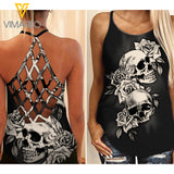 PHN Skull Girl Criss-Cross Open Back Camisole Tank Top Legging MAR-DT16