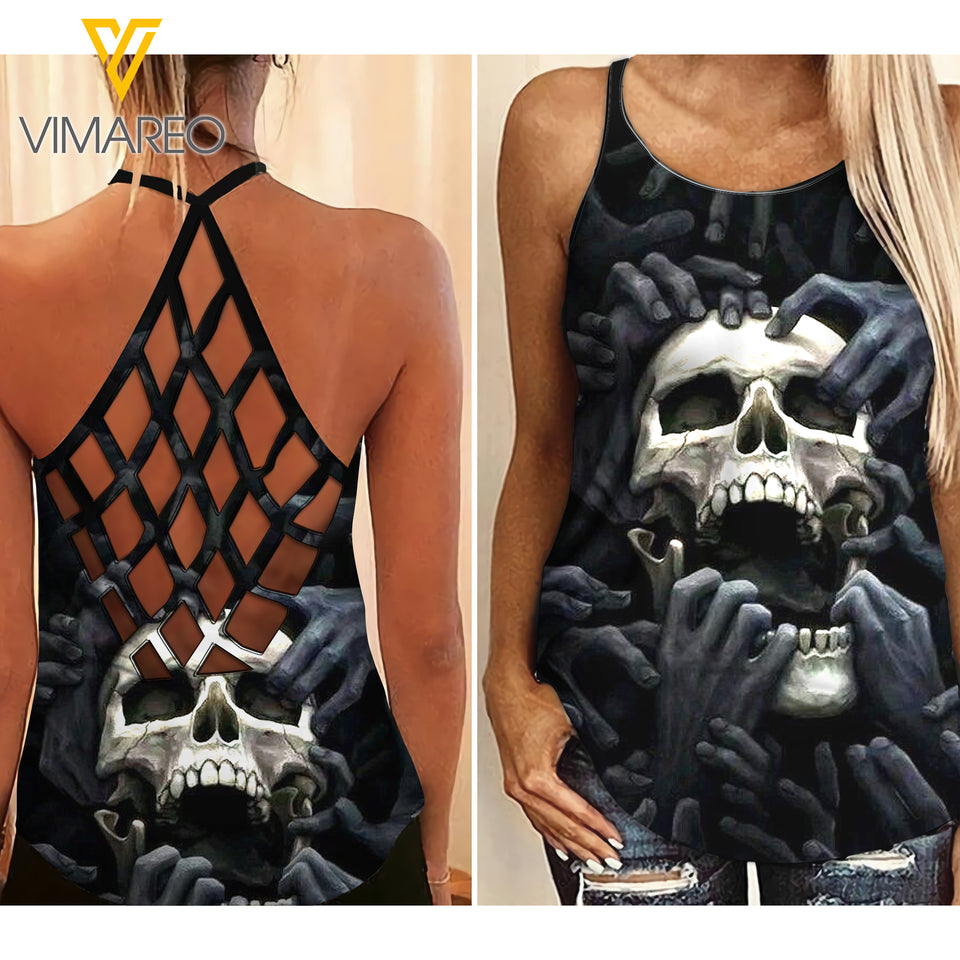 PHN Skull Girl Criss-Cross Open Back Camisole Tank Top Legging MAR-DT16 KS