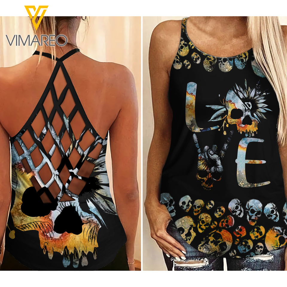 PHN Love Skull Criss-Cross Open Back Camisole Tank Top Legging MAR-DT13
