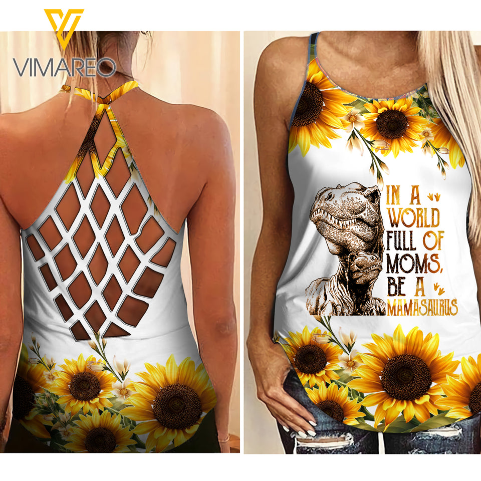 VMAH MAMASAURUS SUNFLOWER Criss-Cross Open Back Camisole Tank Top Legging MAR-QH11