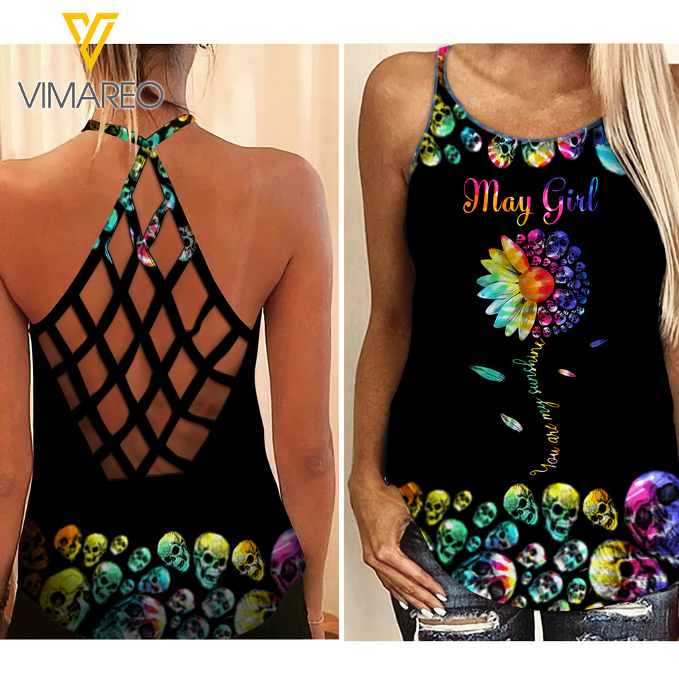 PHN MAY GIRL TYE DYE Criss-Cross Open Back Camisole Tank Top Legging MAR-QH15