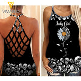 PHN JULY GIRL SKULL Criss-Cross Open Back Camisole Tank Top Legging MAR-QH15