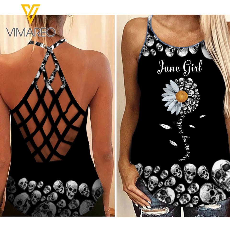 PHN JUNE GIRL SKULL Criss-Cross Open Back Camisole Tank Top Legging MAR-QH15