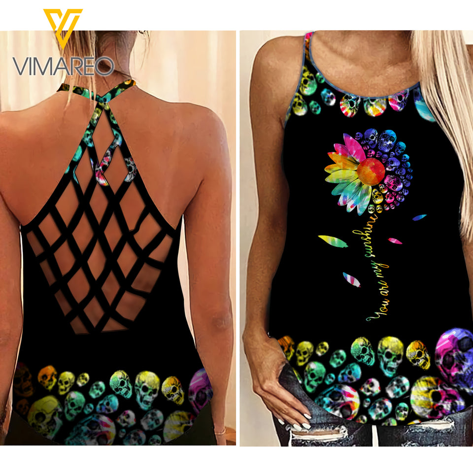 PHN SKULL TYE DYE Criss-Cross Open Back Camisole Tank Top Legging MAR-QH12