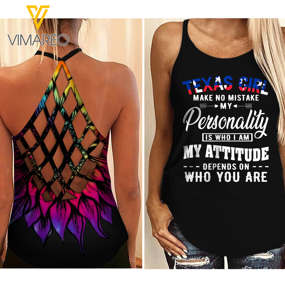 PHN Texas Girl Criss-Cross Open Back Camisole Tank Top Legging MAR-QH16
