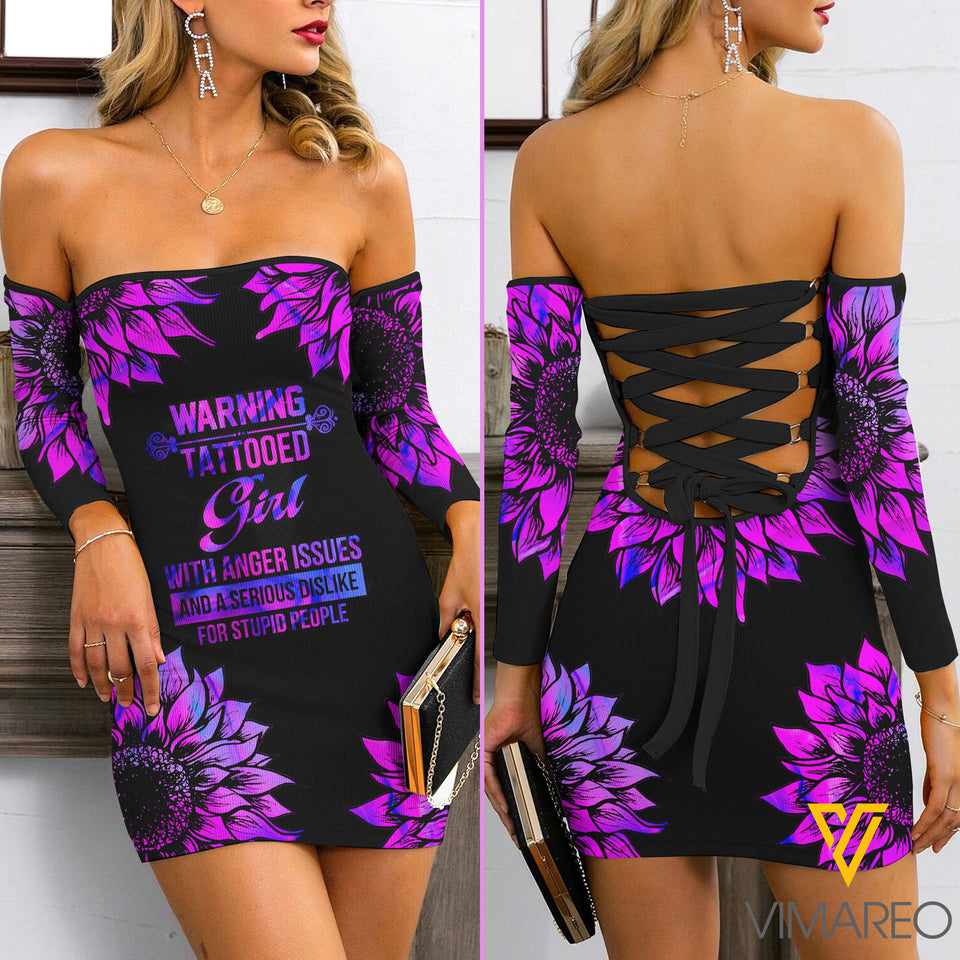Tattoo Girl Lace Up Back Bardot Bodycon Dress EZQ110521
