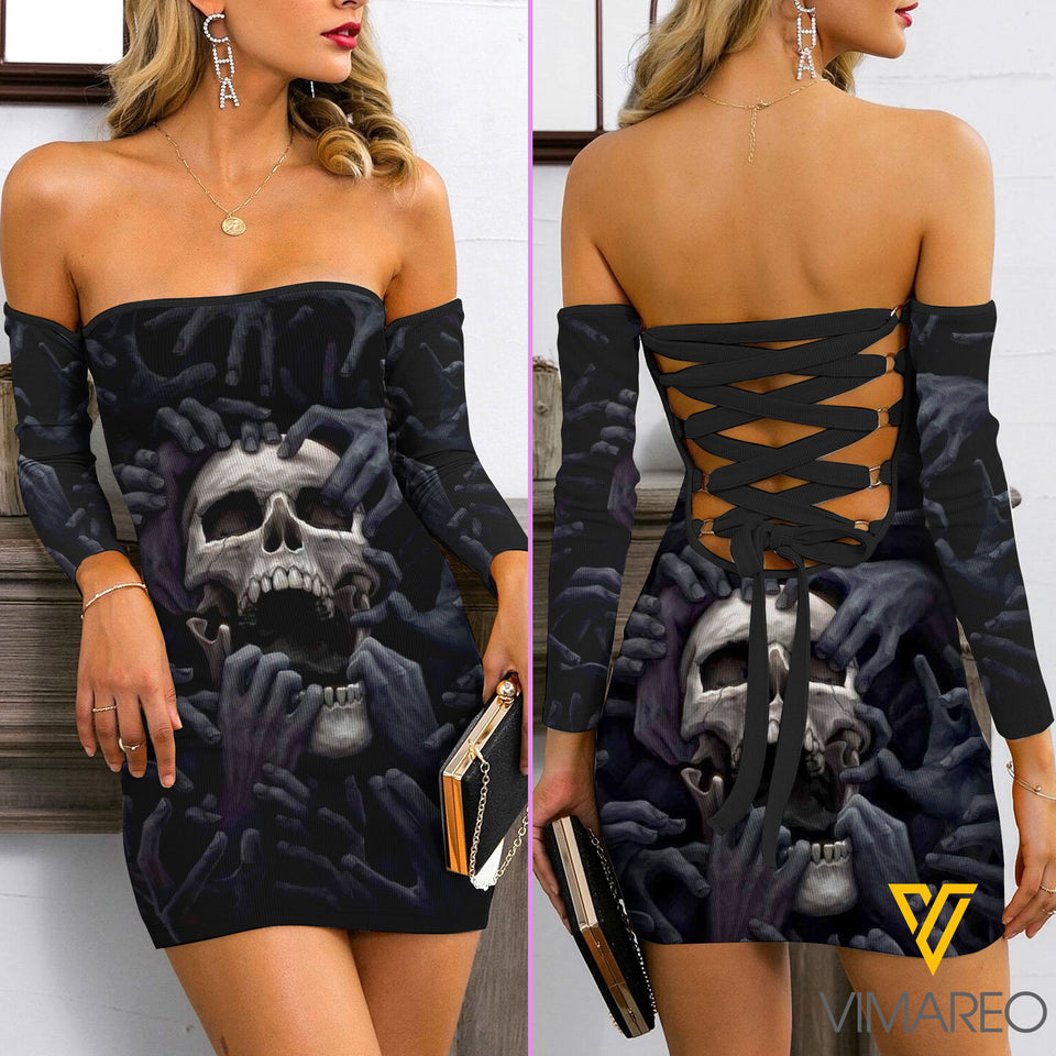 Skull Lace Up Back Bardot Bodycon Dress EZQ110521