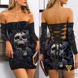 Skull Lace Up Back Bardot Bodycon Dress EZQ110521