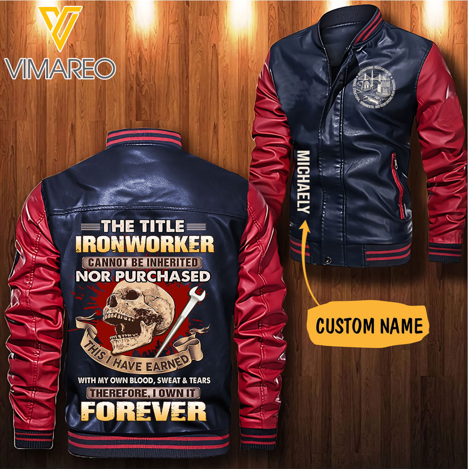 Personalized Ironworker Leather Bomber Jacket SEP-HQ28