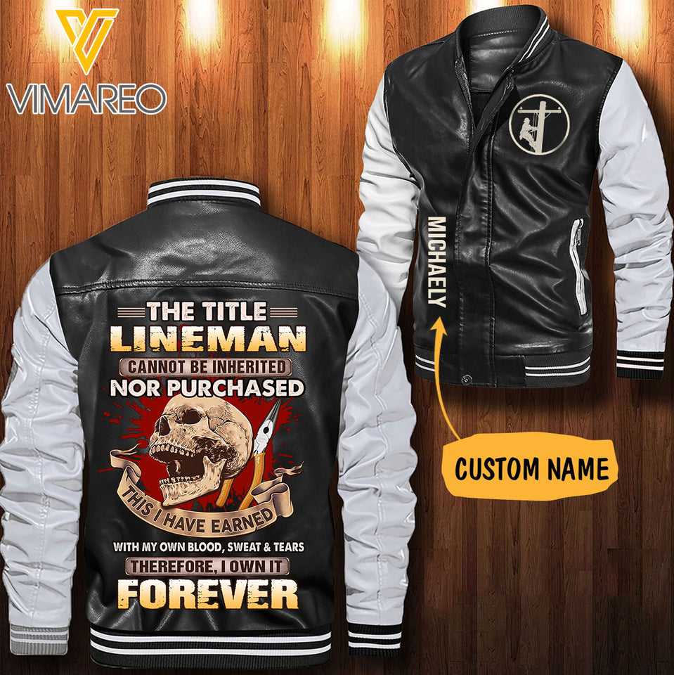 Personalized Lineman Leather Bomber Jacket SEP-HQ28