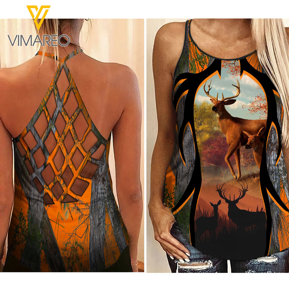 Deer Hunting Girl Criss-Cross Open Back Camisole Tank Top Legging MAR-HQ22