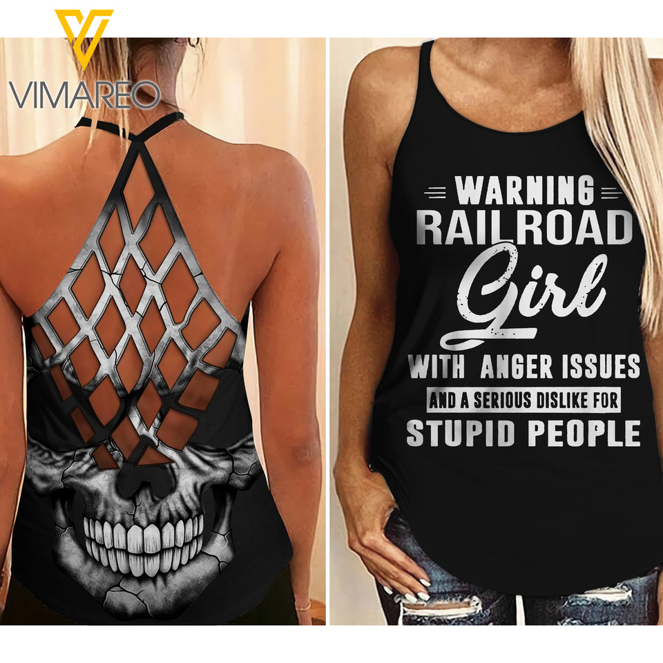 Warning Railroad Girl Criss-Cross Open Back Camisole Tank Top AUG-LN27