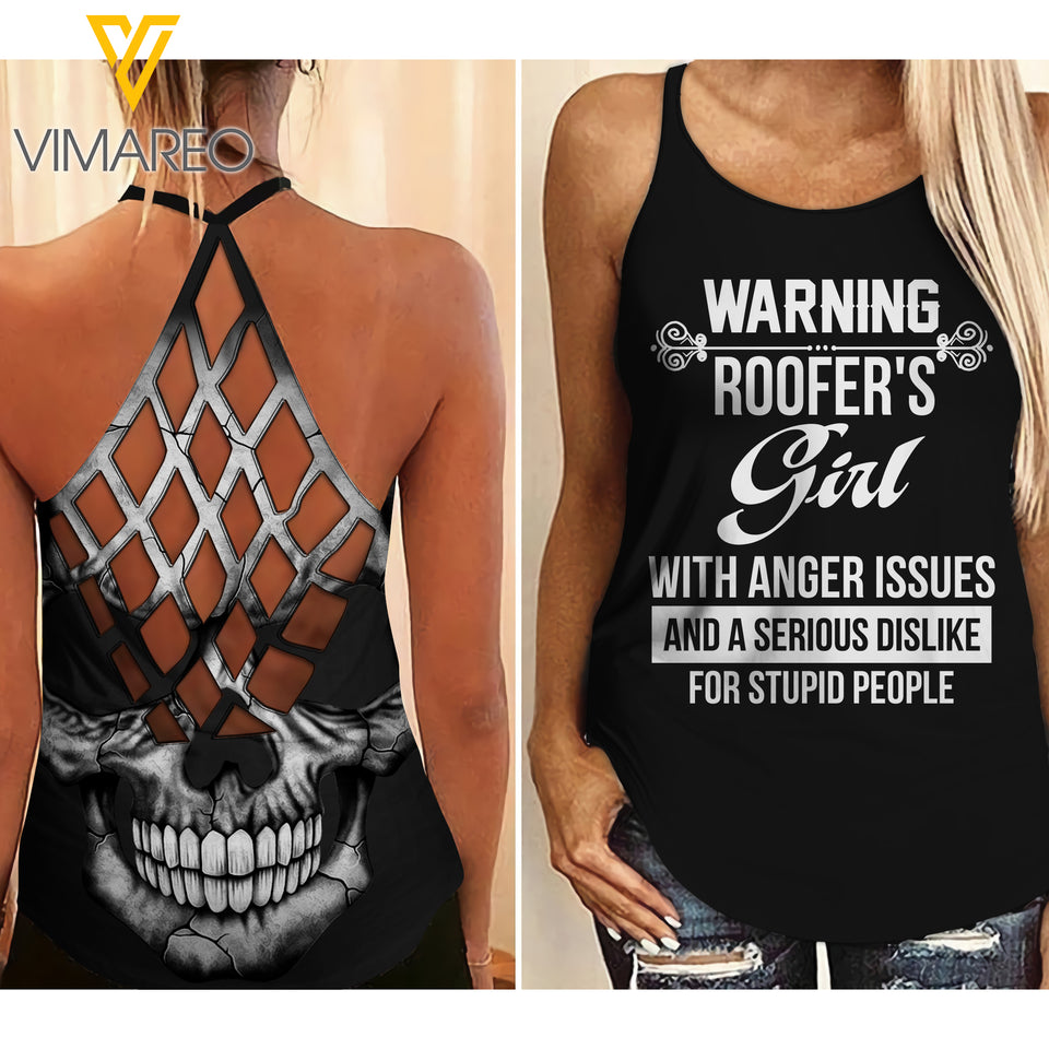 Warning Roofer's Girl Criss-Cross Open Back Camisole Tank Top AUG-LN27