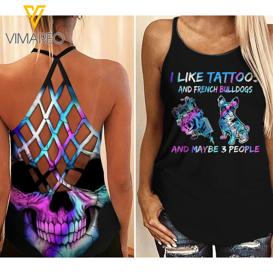 I LIKE TATTOOS AND BULLDOG CRISS-CROSS TANK TOP