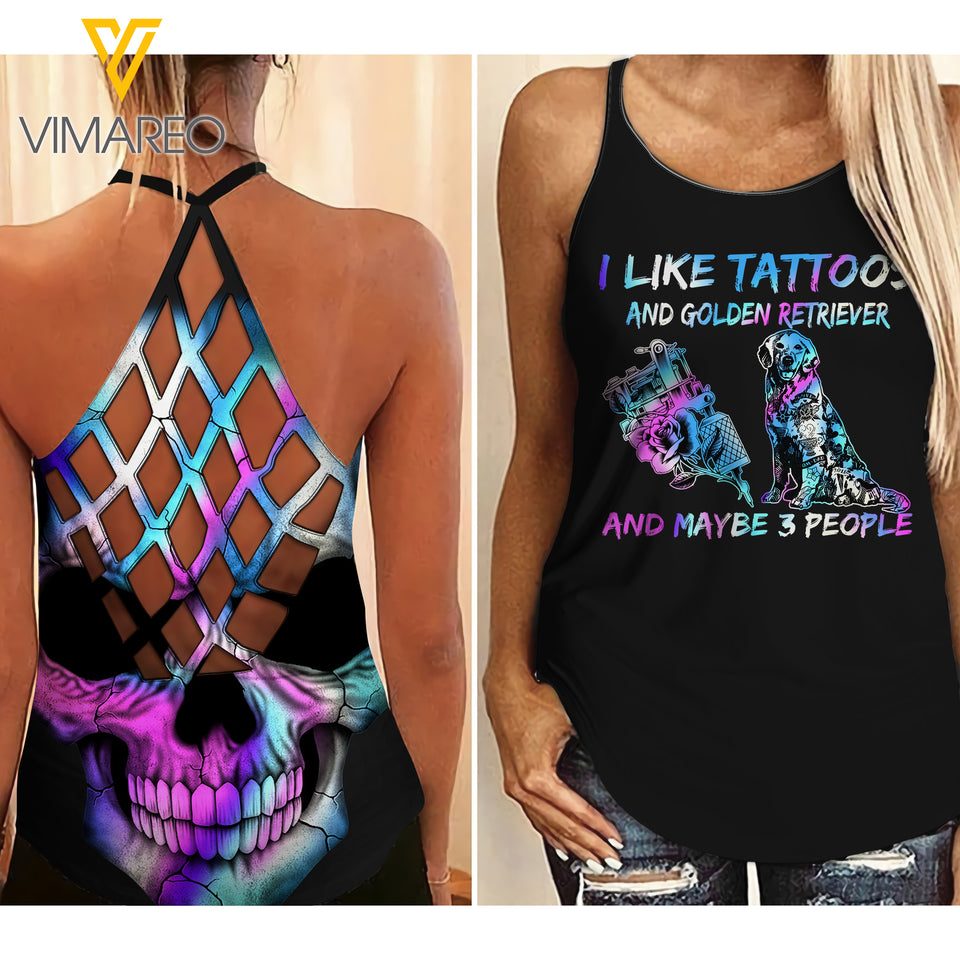 I LIKE TATTOOS AND GOLDEN RETRIEVER DOG CRISS-CROSS TANK TOP