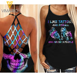 I LIKE TATTOOS AND PITBULL DOG CRISS-CROSS TANK TOP