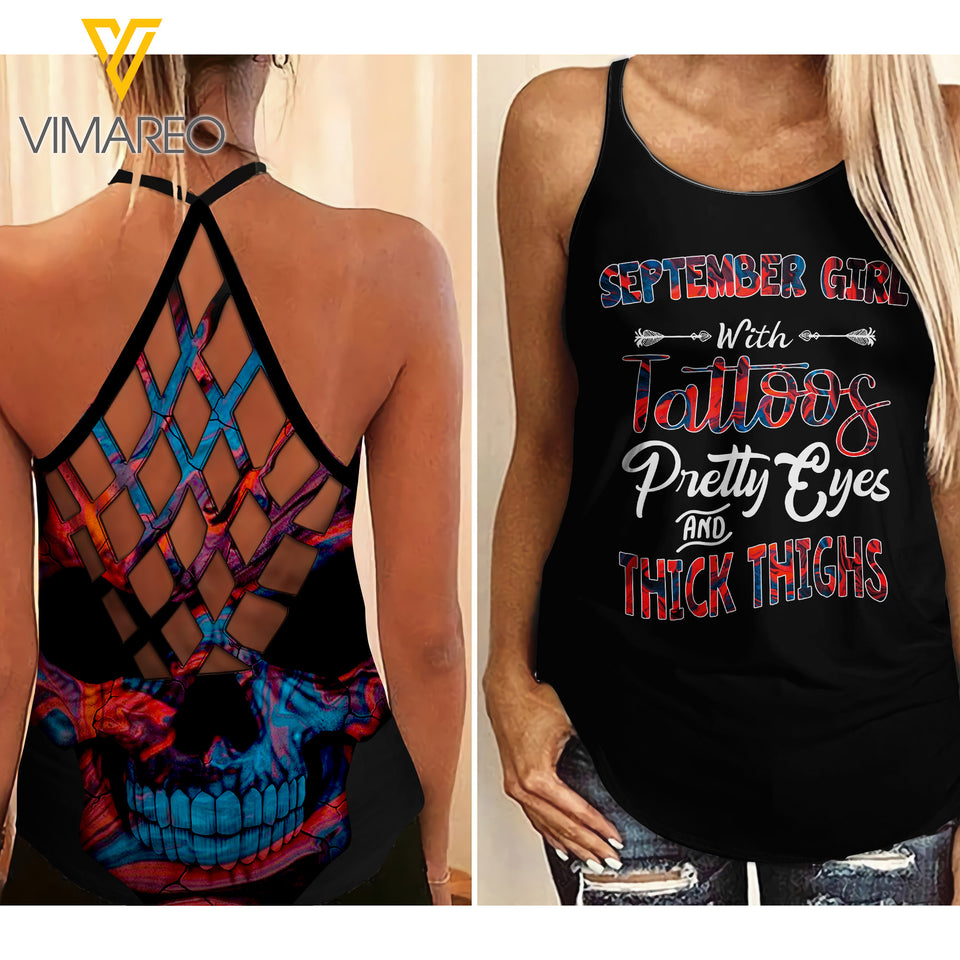 September Girl With Tattoos Criss-Cross Open Back Camisole Tank Top JUE-MQ25