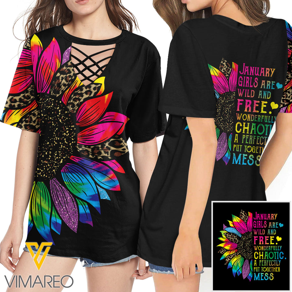 KHMD JANUARY GIRL SUNFLOWER 3D Printed Lace up T-Shirt 2206