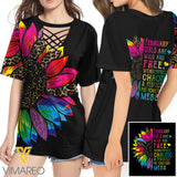 KHMD FEBRUARY GIRL SUNFLOWER 3D Printed Lace up T-Shirt 2206