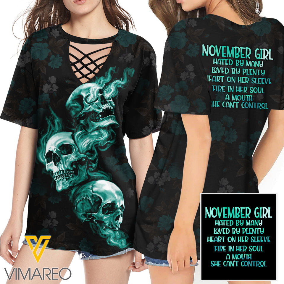 KHMD NOVEMBER GIRL HATED BY MANY 3D Printed Lace up T-Shirt 2106