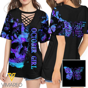 KHMD OCTOBER GIRL SKULL 3D Printed Lace up T-Shirt 2206