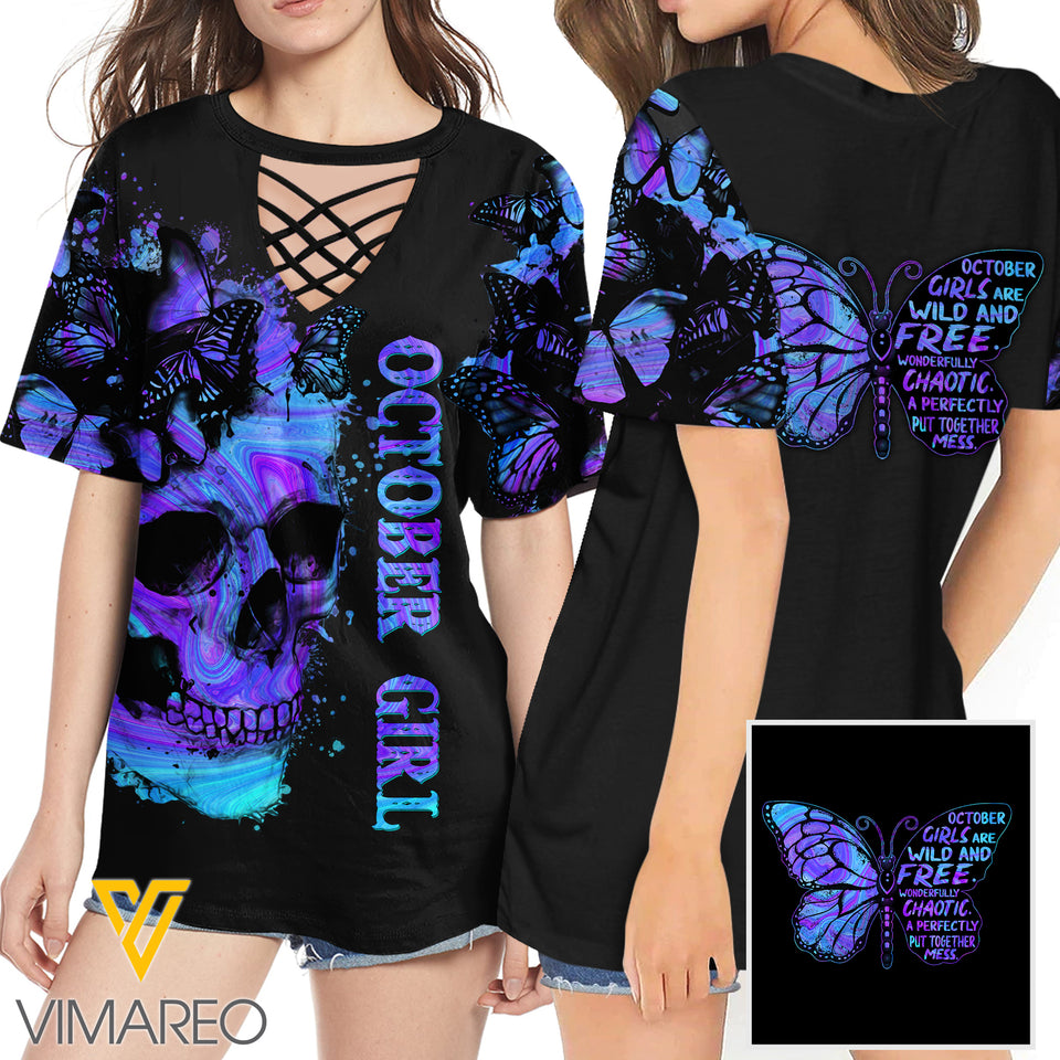 KHMD OCTOBER GIRL SKULL 3D Printed Lace up T-Shirt 2206