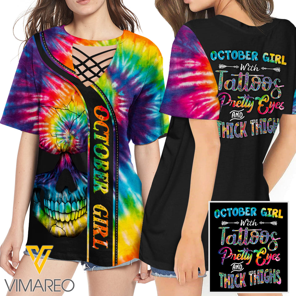 KHMD OCTOBER GIRL THICK THIGHS 3D Printed Lace up T-Shirt 2106