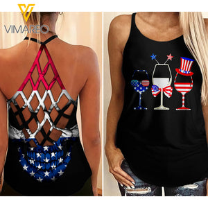KHMD WINE 3 GLASSES 4TH OF JULY Criss-Cross Tank Top 1405