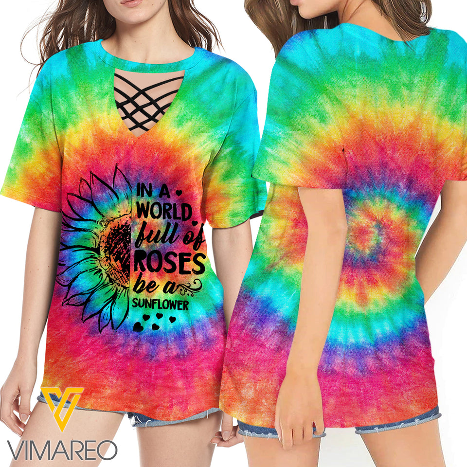 KHMD FULL OF ROSES SUNFLOWER 3D Printed Lace up T-Shirt 2206
