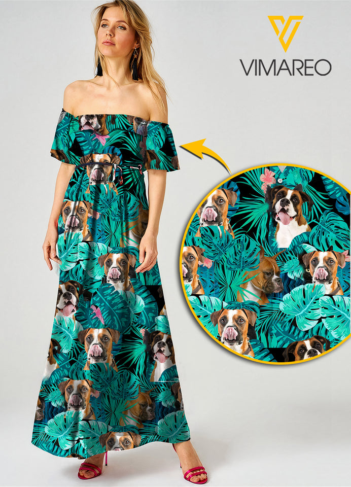 Boxer Dog Sexy Off the Shoulder Short Sleeve Dress Hawaii Beach Leaf Printing Casual Long Dresses Women JUE-MA16