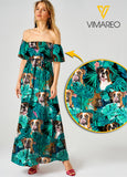 Boxer Dog Sexy Off the Shoulder Short Sleeve Dress Hawaii Beach Leaf Printing Casual Long Dresses Women JUE-MA16