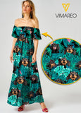 Dachshund Dog Sexy Off the Shoulder Short Sleeve Dress Hawaii Beach Leaf Printing Casual Long Dresses Women JUE-MA16