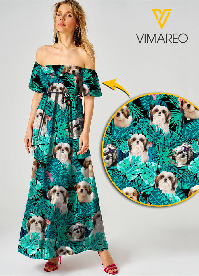 Shih Tzu Dog Sexy Off the Shoulder Short Sleeve Dress Hawaii Beach Leaf Printing Casual Long Dresses Women JUE-MA16