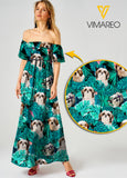 Shih Tzu Dog Sexy Off the Shoulder Short Sleeve Dress Hawaii Beach Leaf Printing Casual Long Dresses Women JUE-MA16