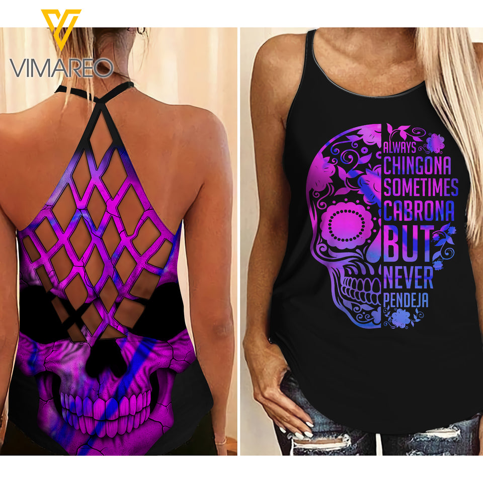 chingona Criss-Cross Open Back Camisole Tank Top TMT SKULL
