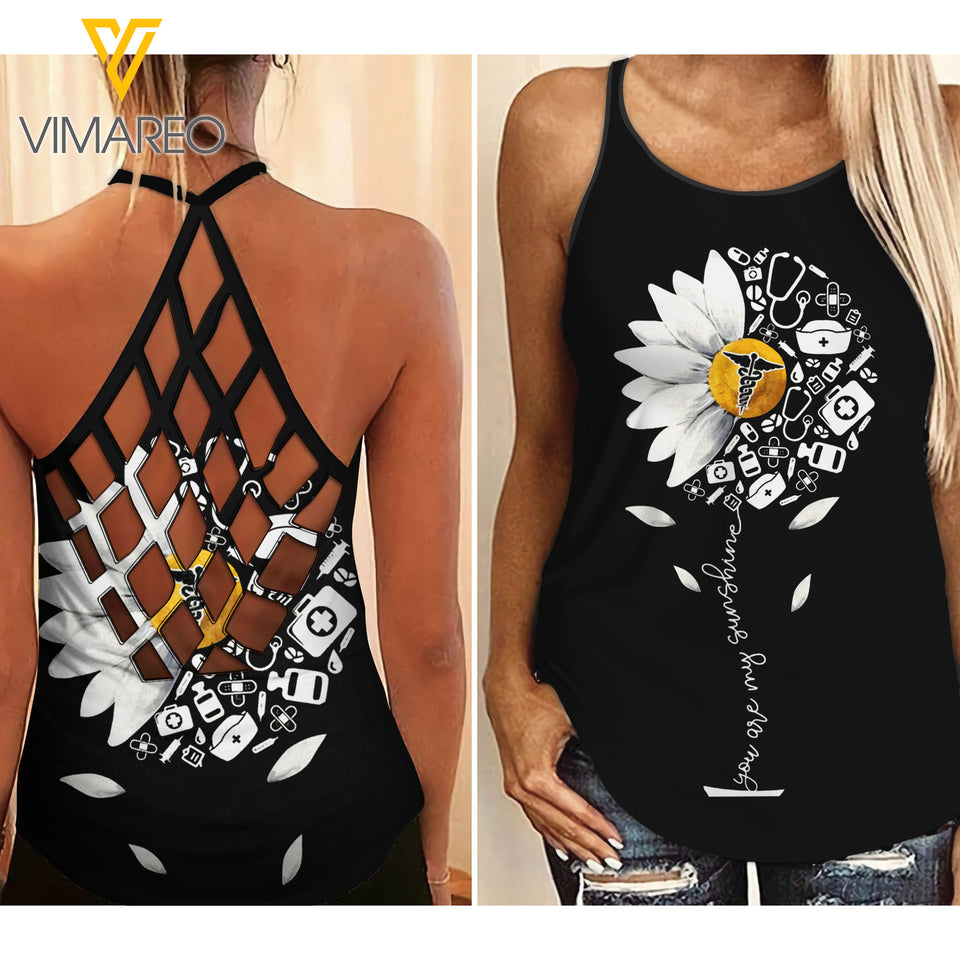 NURSE SUNFLOWER CRISS-CROSS OPEN BACK CAMISOLE TANK TOP