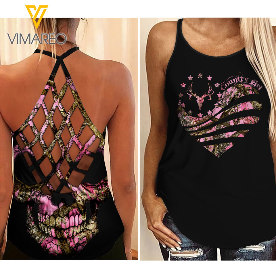 Country Girl Camo Criss-Cross Open Back Camisole Tank Top Legging