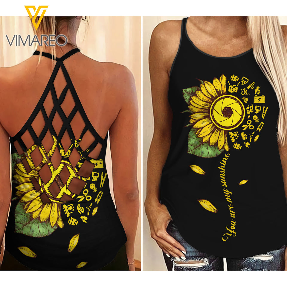 PHOTOGRAPHER SUNFLOWER Criss-Cross Open Back Camisole Tank Top