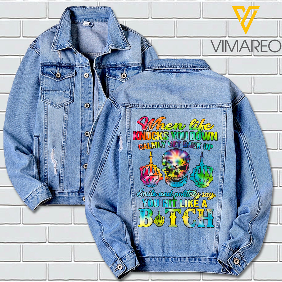 LIFE KNOCKS YOU DOWN SKULL DENIM JACKET UNISEX PRINTED NEY23T