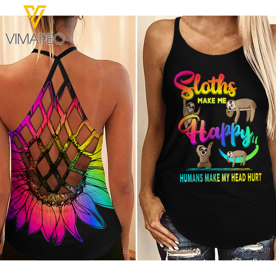Sloths Make Me Happy Criss-Cross Open Back Camisole Tank Top  VMYY