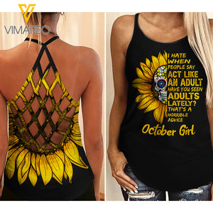October Girl With Sunflower Criss-Cross Open Back Camisole Tank Top YYTT