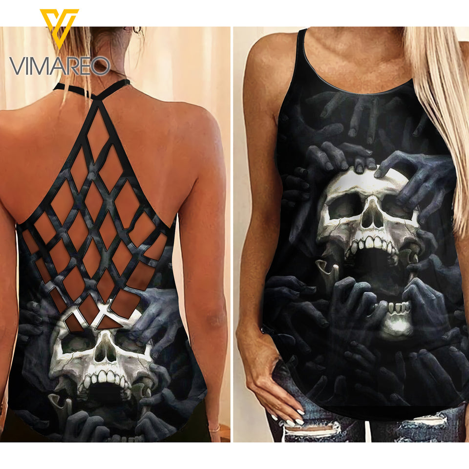 VMVH SKULL Girl Criss-Cross Open Back Camisole Tank Top 1103NGBT